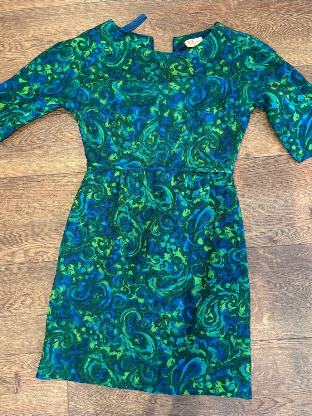Vintage 1950s R & K Green & Blue Paisley Sheath Dress